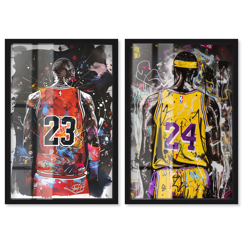 Dynamic Duo: Graffiti Hoops Shadowbox Print Sports Wall Decor Set by Art Remedy, Black Frame, 10 x 15, H 31 po x l 21 po