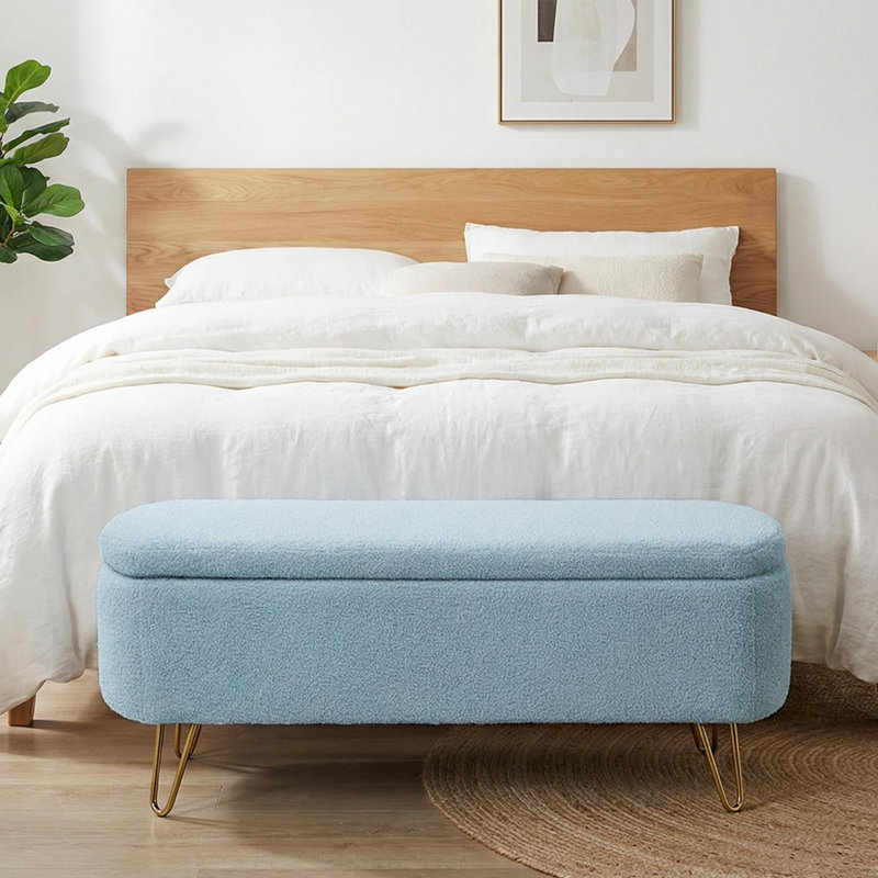 Modern Comfy Upholstered Bedroom Storage Bench, Blue