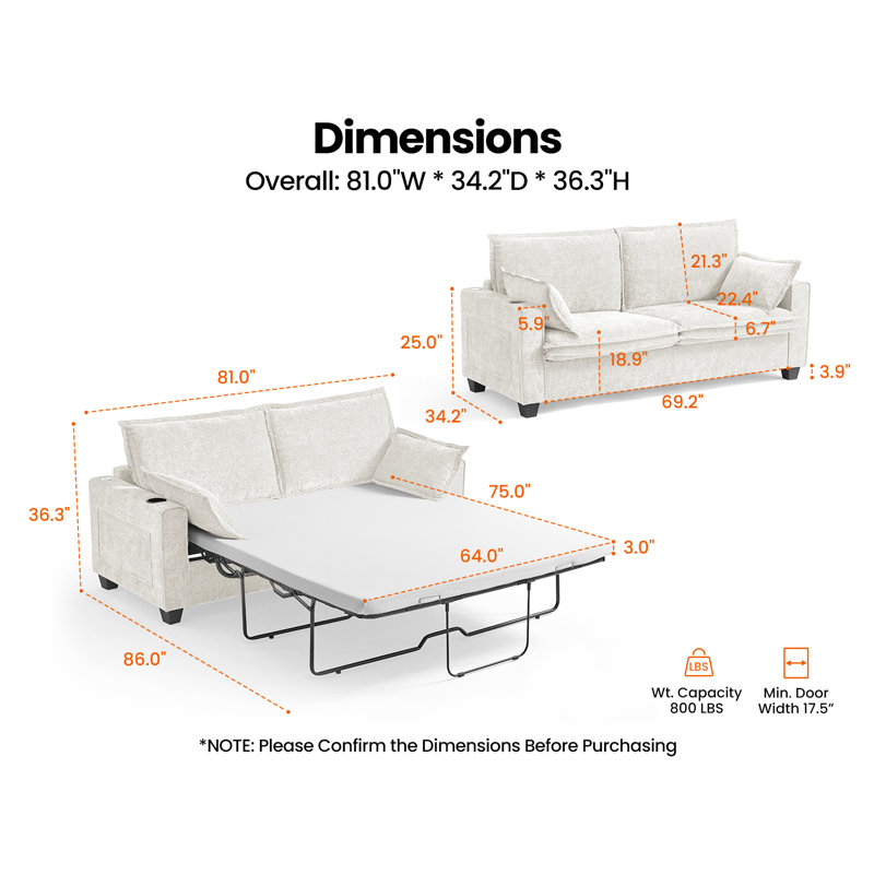 Queen Size 2-in-1 Pull-out Sofa Bed Convertible Chenille Sofa With 20w Fast Charging Led Light Memory Foam Couch Cushion Trim Rv Sleeper Sofa