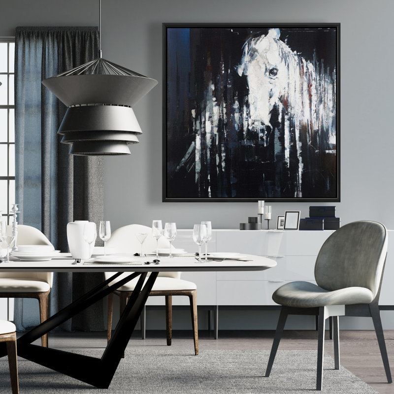 Abstrait cheval sur fond noir - Toile avec cadre bleu cheval