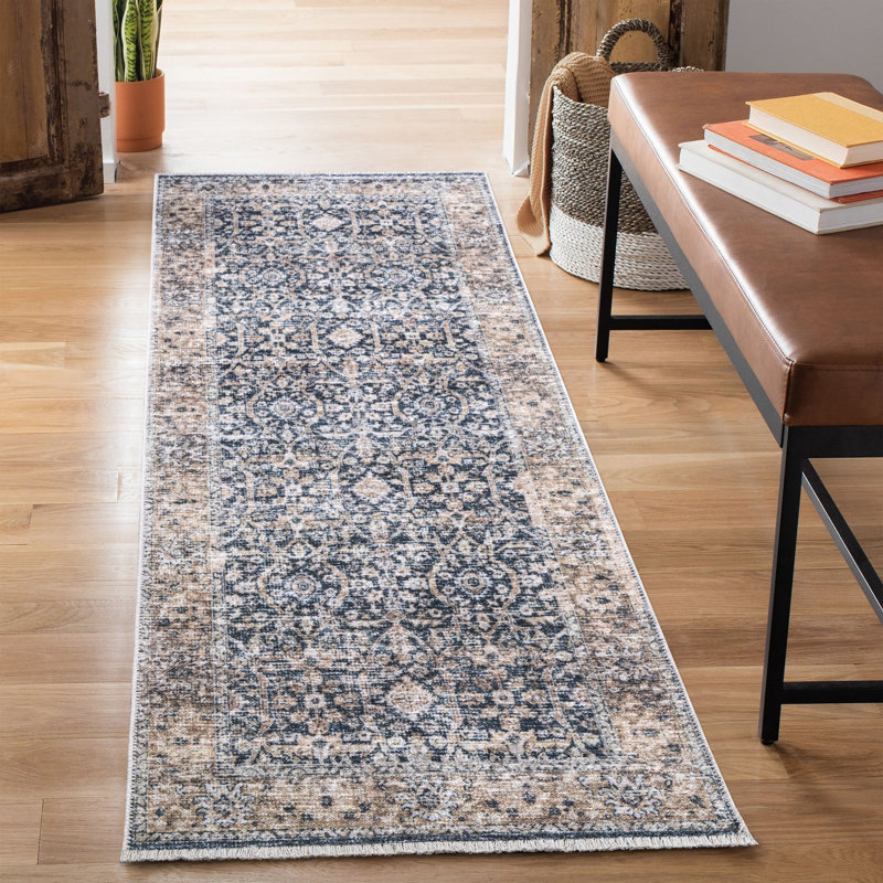 Tapis de couloir lavable antidérapant de 10 pi bleu foncé / brun clair, Tapis de couloir 2 pi 6 po x 10 pi