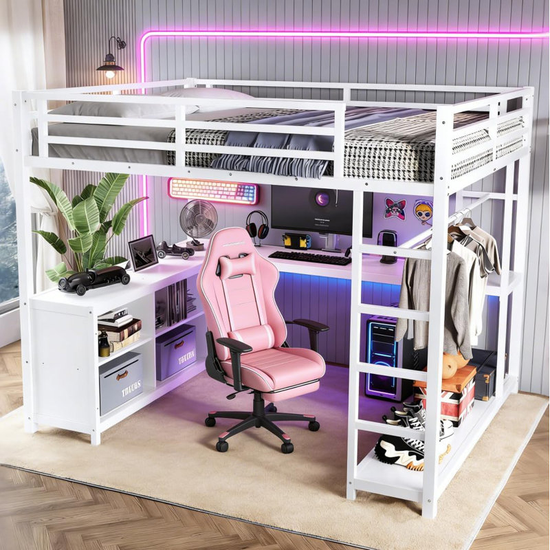 Lit mezzanine double blanc avec bureau et compartiments de rangement ouverts, Blanc, Lit superposé double sur double
