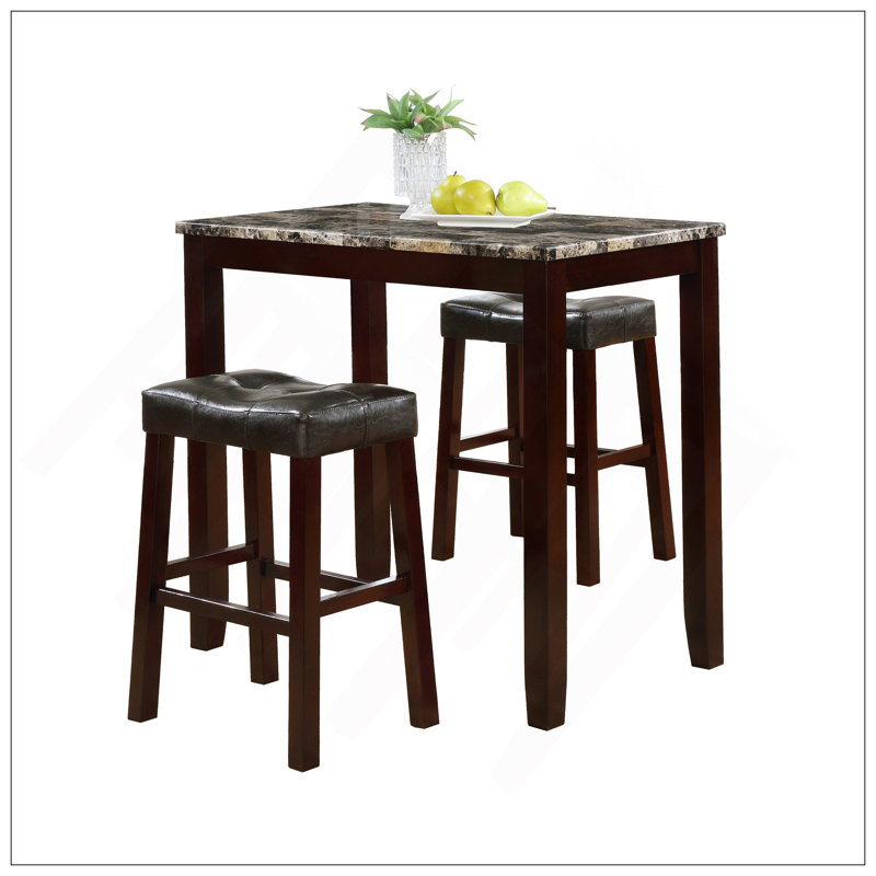 Table pour petit déjeuner 3 pièces à hauteur de comptoir avec imprimé brillant et tabourets, espresso