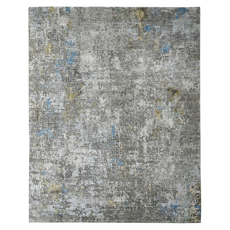 Tapis rectangulaire en laine / soie noué à la main à motif abstrait gris clair / gris / bleu / vert, Rectangle 8 pi x 10 pi