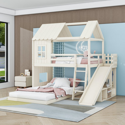 Twin Over Full Wood House Bunk Bed with Shelves, Built-in Slide and Wardrobe