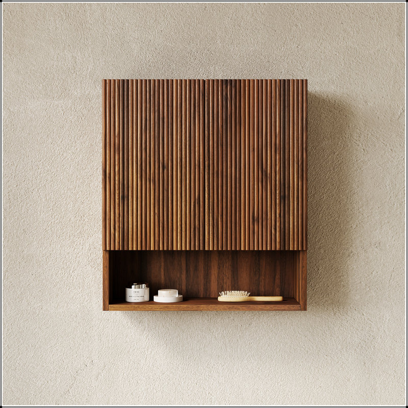Armoire de salle de bain murale rayée de 26 pouces avec portes, tablette et rangement ouvert pour une organisation efficace au-dessus de la toilette
