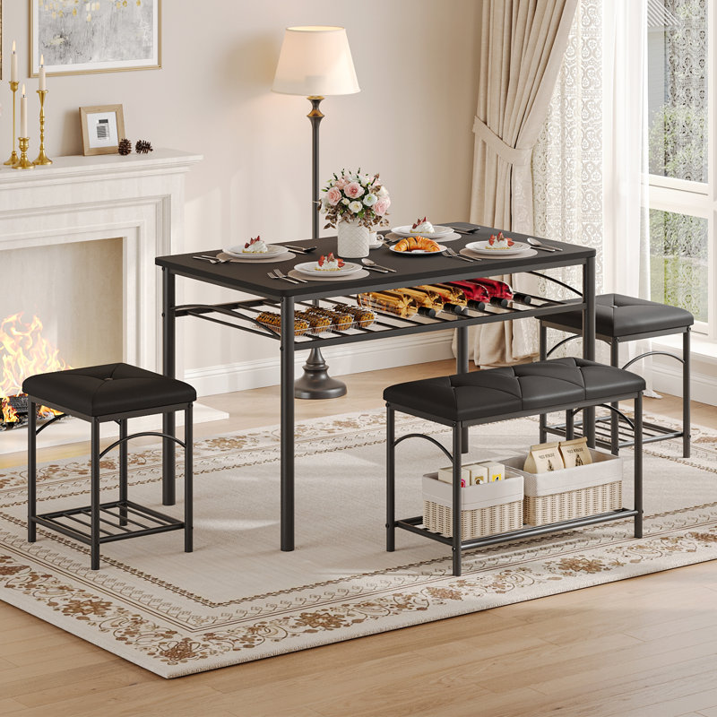 Ensemble de table de salle à manger industrielle 4 pièces avec rangement, table de cuisine rectangulaire avec support à vin, 2 tabourets et 1 banc, mobilier de salle à manger pour petits espaces