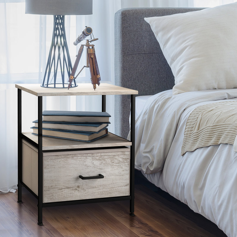 Sorbus 1 Drawer and Shelves Nightstand with Steel Frame, Wood Top & Fabric Bins, Greige
