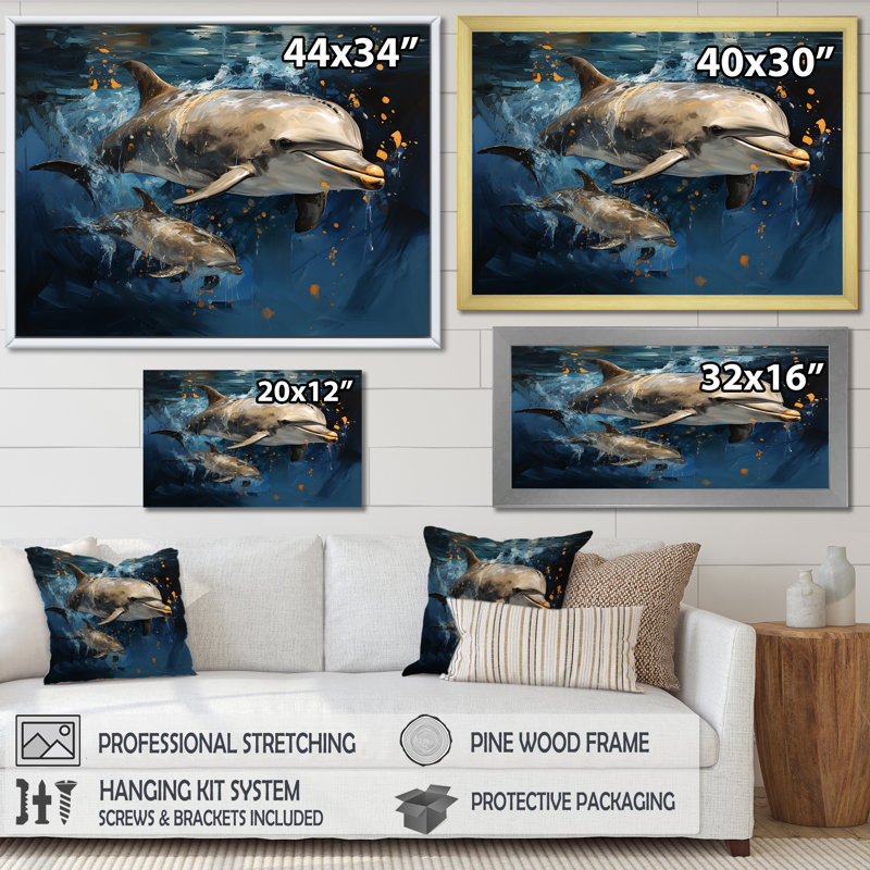 Dauphins dansants - animaux, art des dauphins, Cadre doré à coins fermés, H 34 po x l 44 po x P 1,5 po