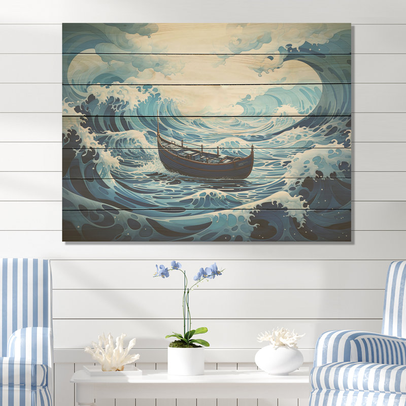 Bleu surréel - Bateau côtier sur bois, H 10 po x l 20 po x P 0,78 po