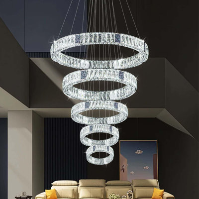 Meva Large 5 Ring Crystal Chandelier Dimmable Lighting D7.9"+15.7"+23.6"+32"+40"