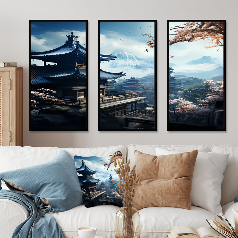 Japon, temple panoramique, sérénité - Japon, art mural, H 28 po x l 36 po x P 1 po, Cadre flottant noir