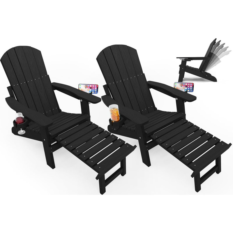 Folding Adirondack Chair Set of 2 Outdoor HIPS Adjustable Adirondack Chair with Footrest and 2 Cup Holder 5-Level Adjustable Patio Chair for Lawn, Poolside, Patio, Black