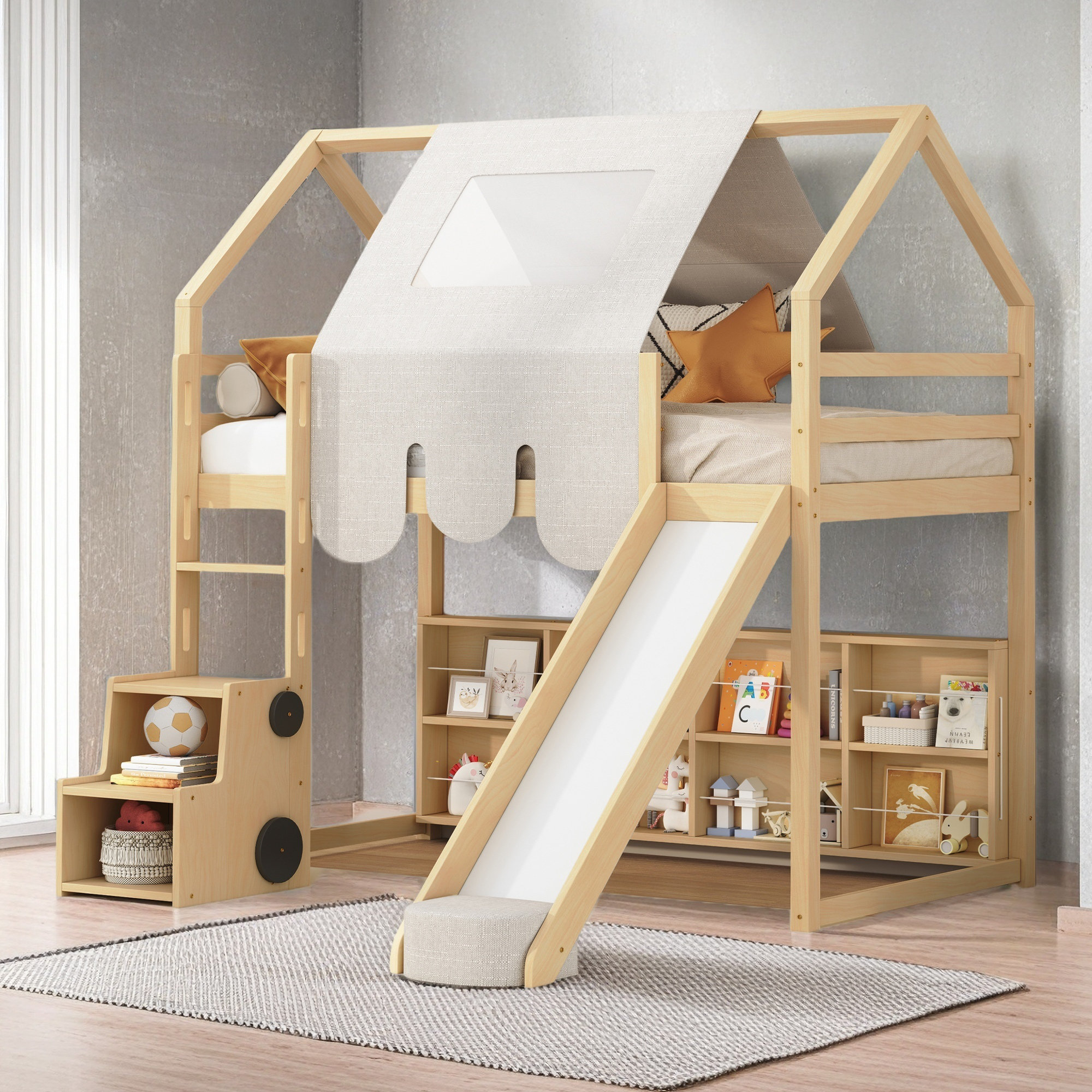 Harper Orchard Wooden Loft Bed House-Shaped Frame With A Tent | Wayfair