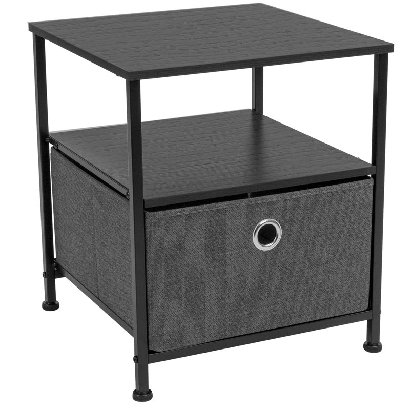 Sorbus 1 Drawer and Shelves Nightstand with Steel Frame, Wood Top & Fabric Bins, Black