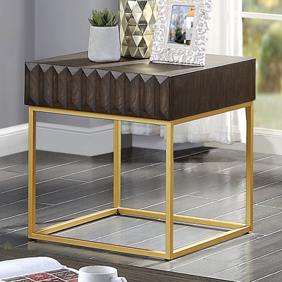 Table de bout de style contemporain avec structure en métal et tiroirs de dissimulation Pieds en acier doré Noyer et glissières à roulement à billes avec panneau de texture - non inclus