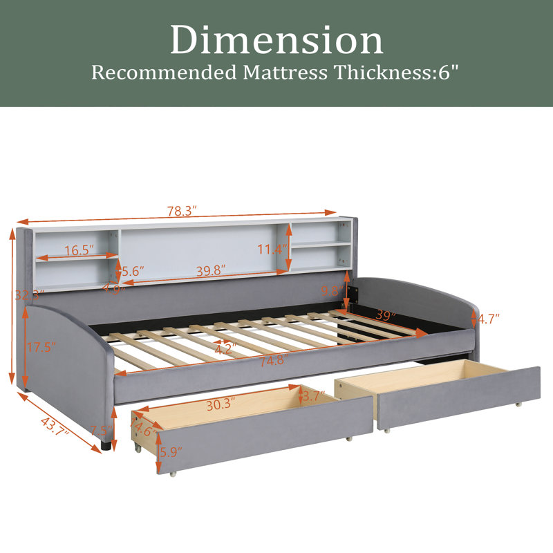 Twin Size Upholstered Platform Bed With Storage And Drawers, Gray
