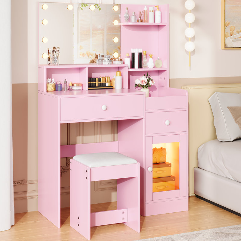 37" Vanity Desk With 10 Light Blubs Mirror And LED Storage Cabinet, Pink