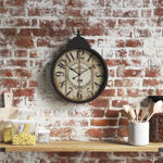 Theo Black Metal Finial Distressed Pocket Watch Inspired Decorative Wall Clock with Beige Clockface, 20" x 4" x 28"