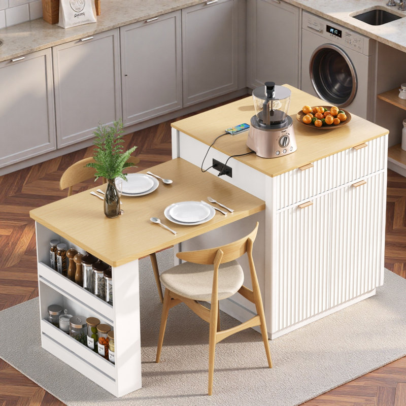 Fluted Kitchen Island With Extendable Dining Table, Power Outlet,  Double-side Storage, 2 Drawers And 2 Side Open Shelves