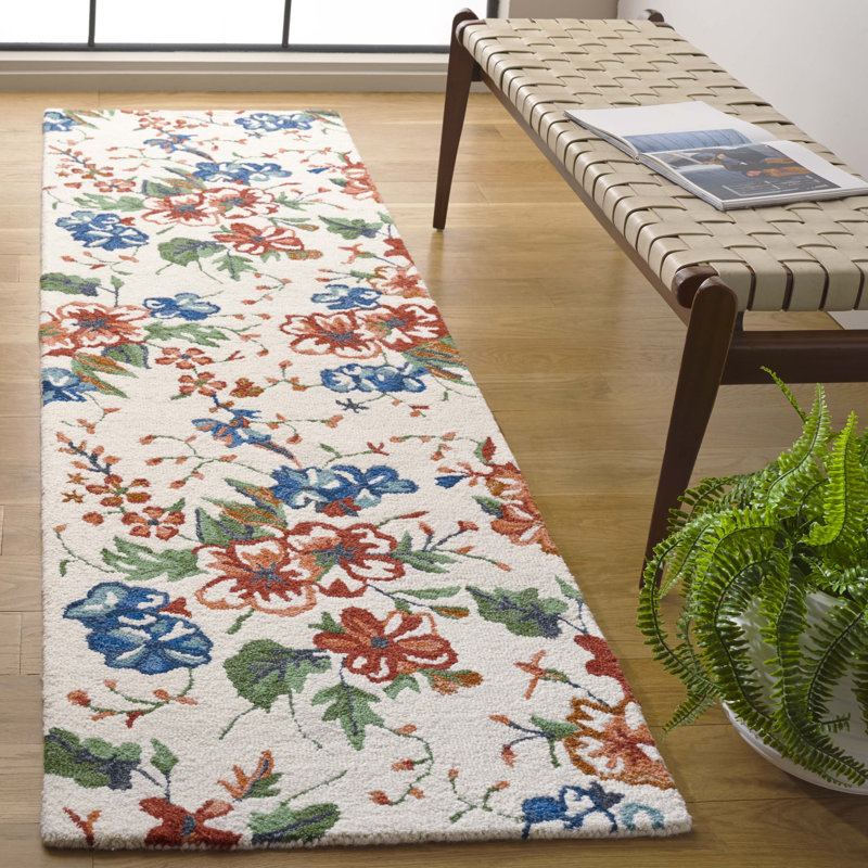 Alliene Hand Tufted Wool Cotton Floral Rug in Ivory/Orange, Runner 2'3" x 8'