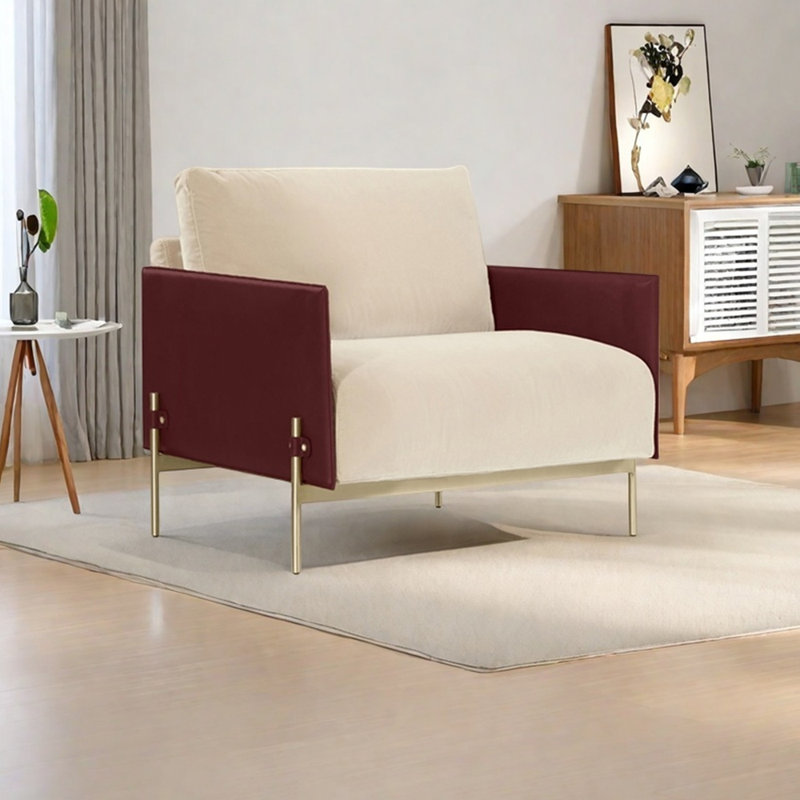 Chaise longue en bois massif éponge de style minimaliste, Mélange de lin doré / similicuir