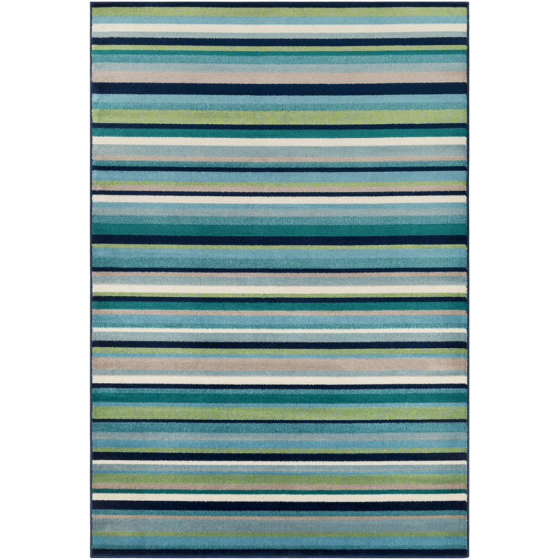 Tapis rayé bleu sarcelle / vert Bolivar, Rectangle 2 pi 2 po x 7 pi 7 po