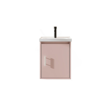 16" Floating Bathroom Vanity Combo, Wall Mounted Solid Plywood Cabinet with Ceramic Sink & Soft-Close Doors for Small Bathrooms, Pink