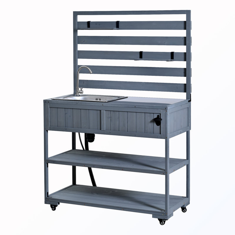 Banc de jardin avec évier, tablettes mobiles et ouvre-bouteille, Grey