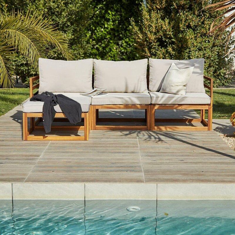 Rimasha 3 Seater Wooden Garden Sofa Set with Cream LED Premium Parasol - Grey, Natural, Cream