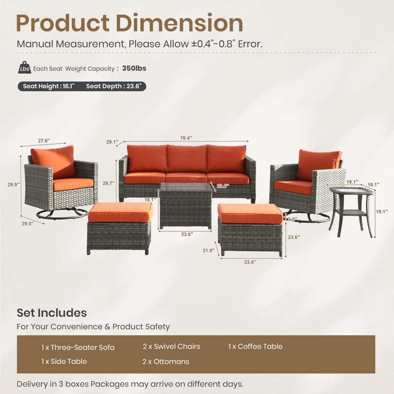 7-Piece Outdoor Wicker Patio Conversation Set with Swivel Rocking Chairs, Ottomans, Cushions & Glass Coffee Table, Orange Red