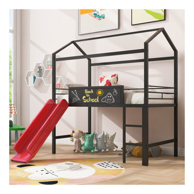 Metal House Bed With Slide, Twin Size Metal Loft Bed With Two-Sided Writable Wooden Board (Black And Red)