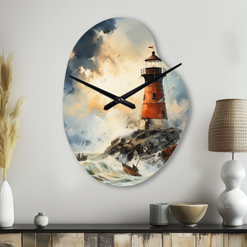 Rétro phare rétro guident la lumière I - horloges murales asymétriques en métal de phare, impression d'horloge murale de forme unique corail