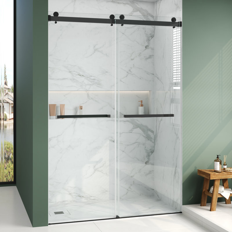 Frameless Dual-Sliding Shower Door, 76×48", 3-color Options, Chrome, Black, Brushed Gold, Matte Black