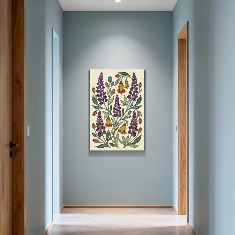 Plantes et fleurs - lupin mauve et cloche jaune, H 18 po x l 12 po