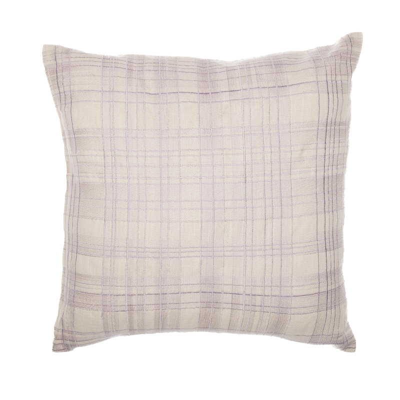 Housse de coussin brodée en coton texturé à carreaux brodés, 24 po x 24 po, Ivoire / Mauve