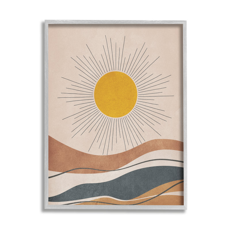 Abstract Sun and Desert Waves Gray Framed Wall Art