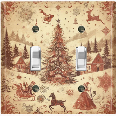 North Pole Christmas Tree Snow Town Nature Themed 2 - Gang Toggle Light Switch Standard Wall Plate