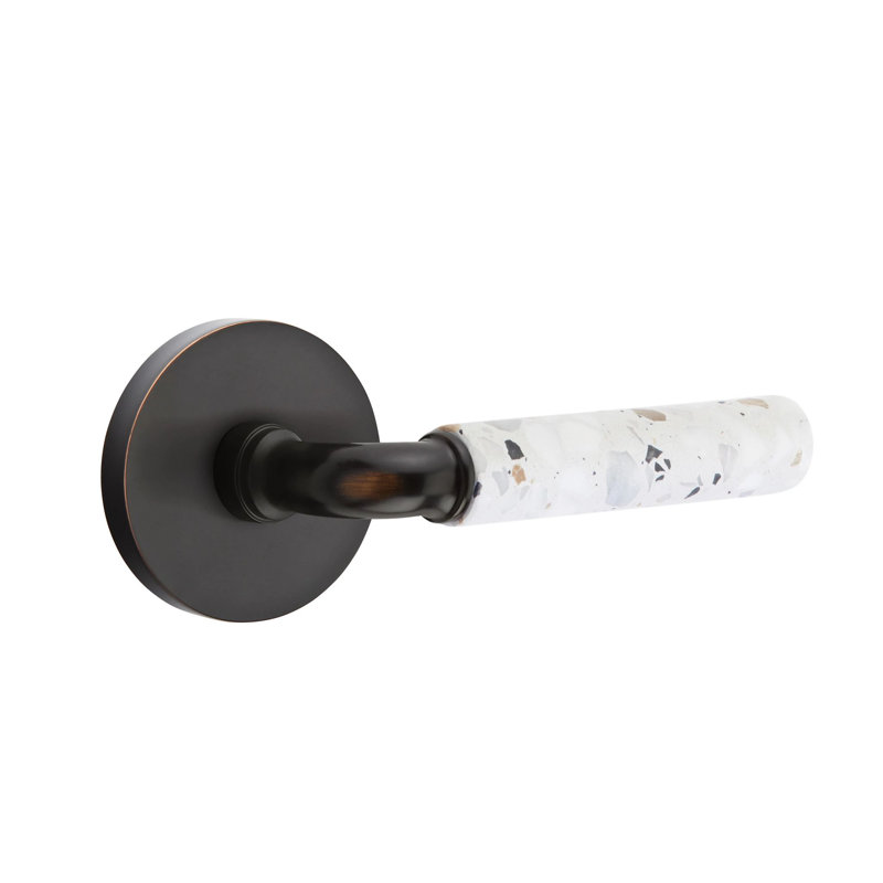 Mortaise intérieure Emtek Select avec rosette à disque et tige R-Bar, levier Terrazzo clair, Bronze frotté à l'huile, Gauche