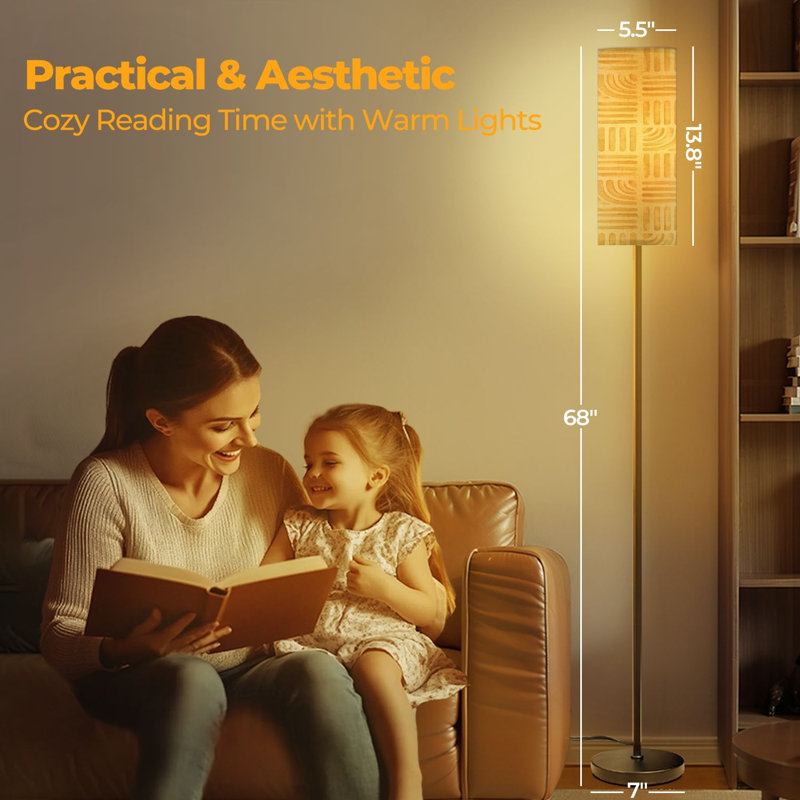  68.5" Standing Floor Lamp Aesthetic Contemporary seamless abstract line brush stroke shapes line Dimmable Metal Pole Lamp with Linen Lampshade LED Bulb Included