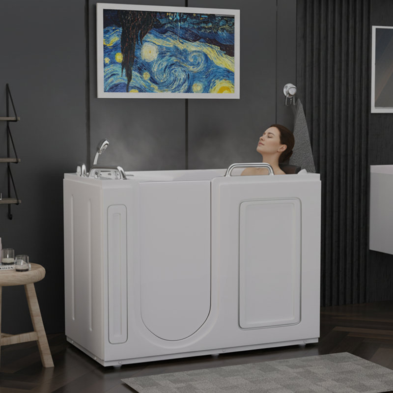 53" Acrylic Walk In Tub for Seniors Wheelchair Accessible Bathtub Dual Therapy 10 Whirlpool Jets Inline Heater Quick Fill ADA Seat Acrylic White