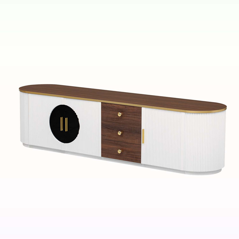 Console avec 3 tiroirs et 1 tablette, poignées en métal et 2 armoires, Blanc / brun