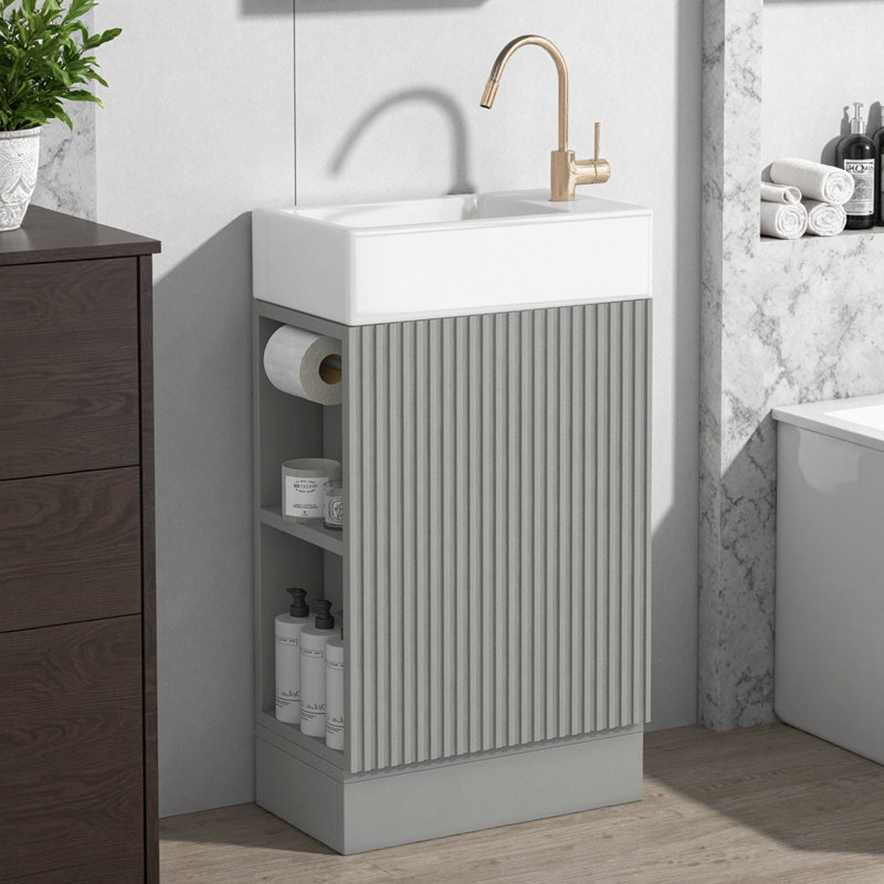 Meuble-lavabo moderne 18,6 po en MDF naturel avec lavabo en céramique, tablette réversible et porte-papier hygiénique, armoire de rangement moderne