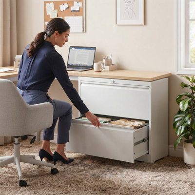 35.4'' W x 28.5'' H 2‑Drawer Lateral Metal File Cabinet with Lock, Lockable Horizontal Steel Filing Cabinet with Full Extension Drawers for Letter A4 Files, White for Home & Office