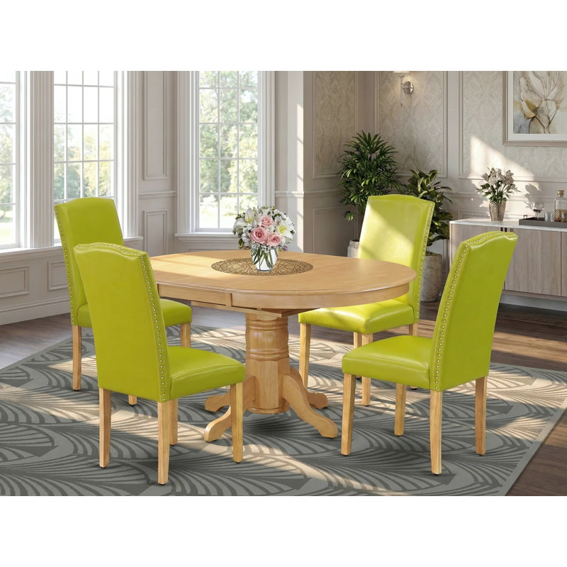Ensemble de table de cuisine moderne 5 pièces comprenant une table ovale en bois avec feuille papillon et 4 chaises parsons en simili cuir vert automne, chêne
