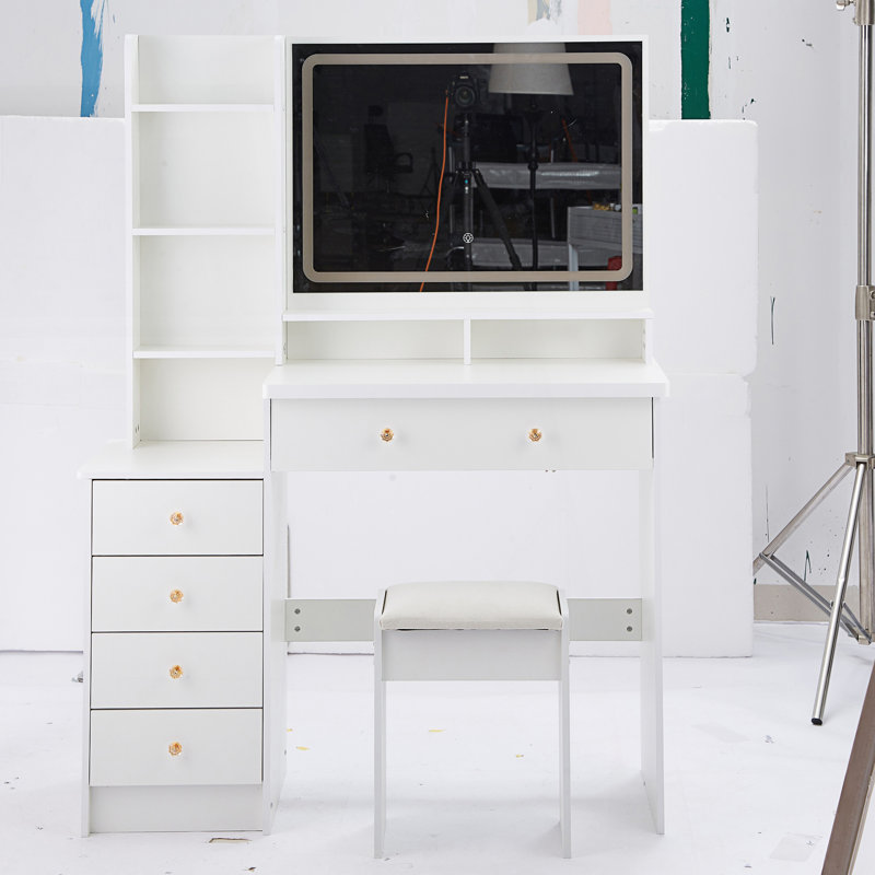 Table de coiffeuse de grande taille avec tabouret de chevet et très grand miroir à DEL, Blanc
