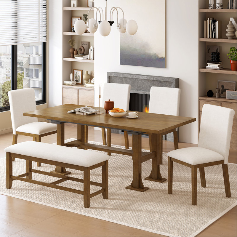 Tymur 6 - Person Extendable Trestle Dining Set, Dark Brown/Beige 
