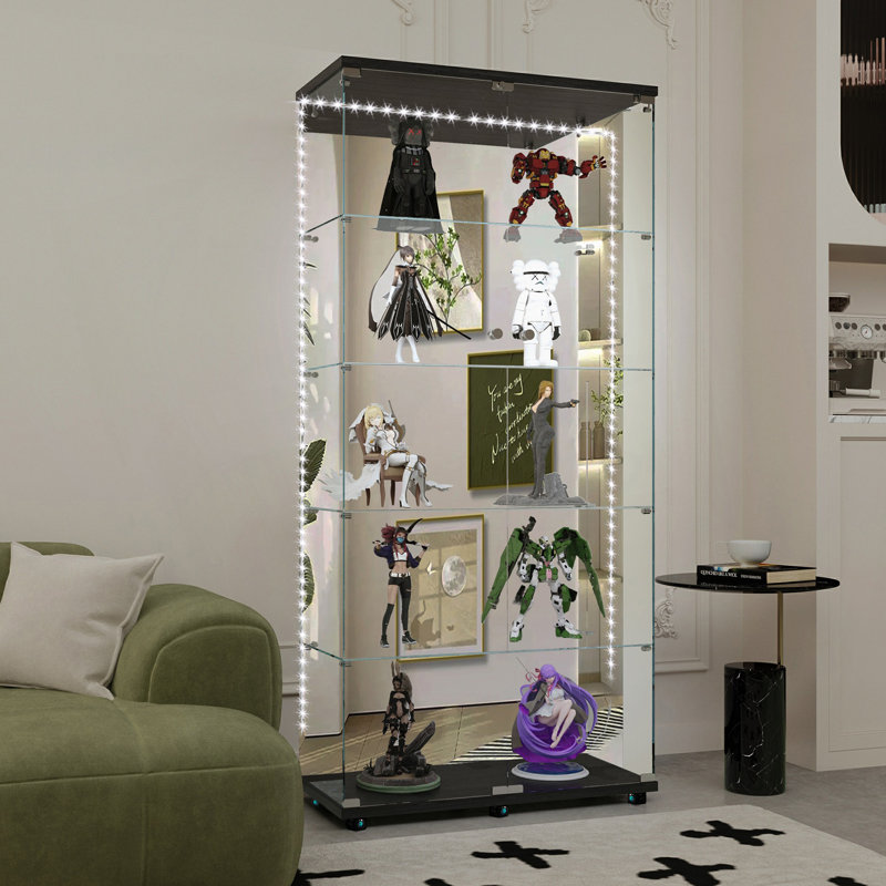 Vitrine en verre trempé avec Bluetooth DEL et miroir arrière, Noir