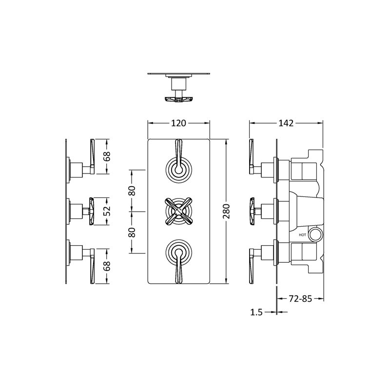 Triple Thermostatic Valve, Matt Black