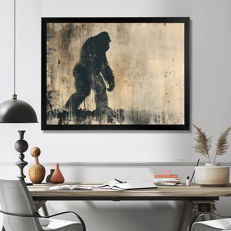 «Black Beige Shadow Silhouette Bigfoot», impression d'art mural Bigfoot, Toile encadrée noire simple